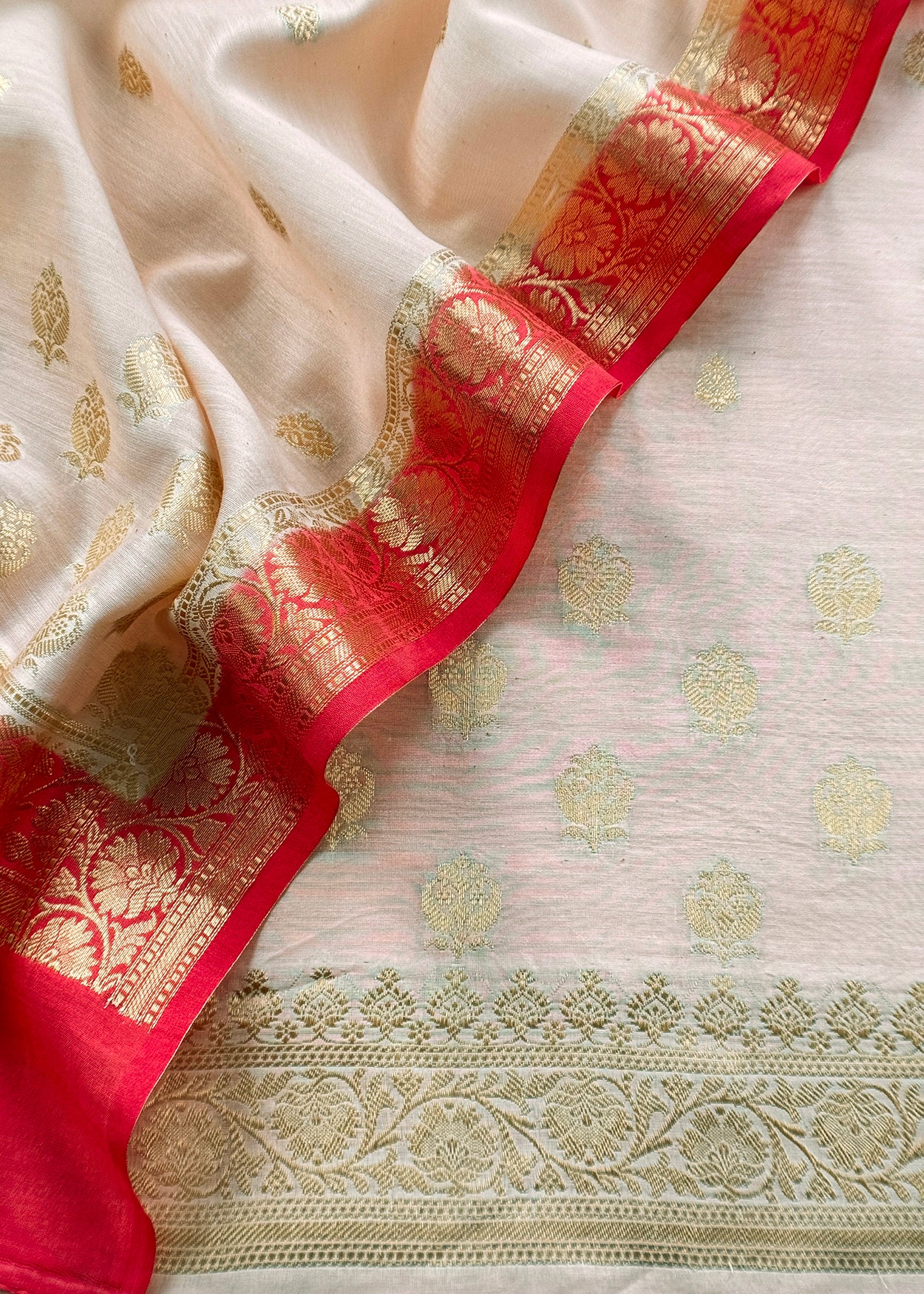 Off White Handloom Banarasi Chanderi Silk Suit With Zari Weavnig