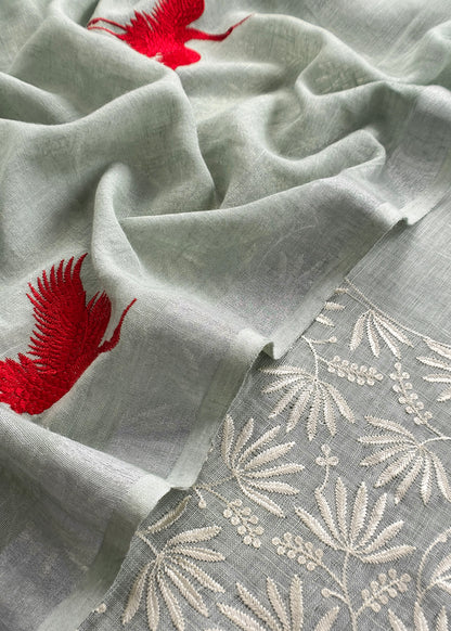Mint Grey Pure Unstitched Linen Suit With Dupatta