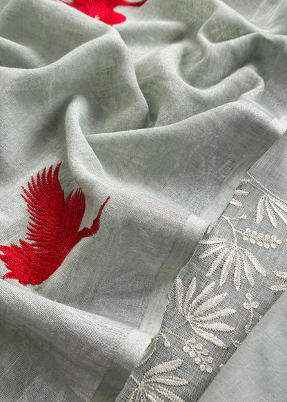 Mint Grey Pure Unstitched Linen Suit With Dupatta