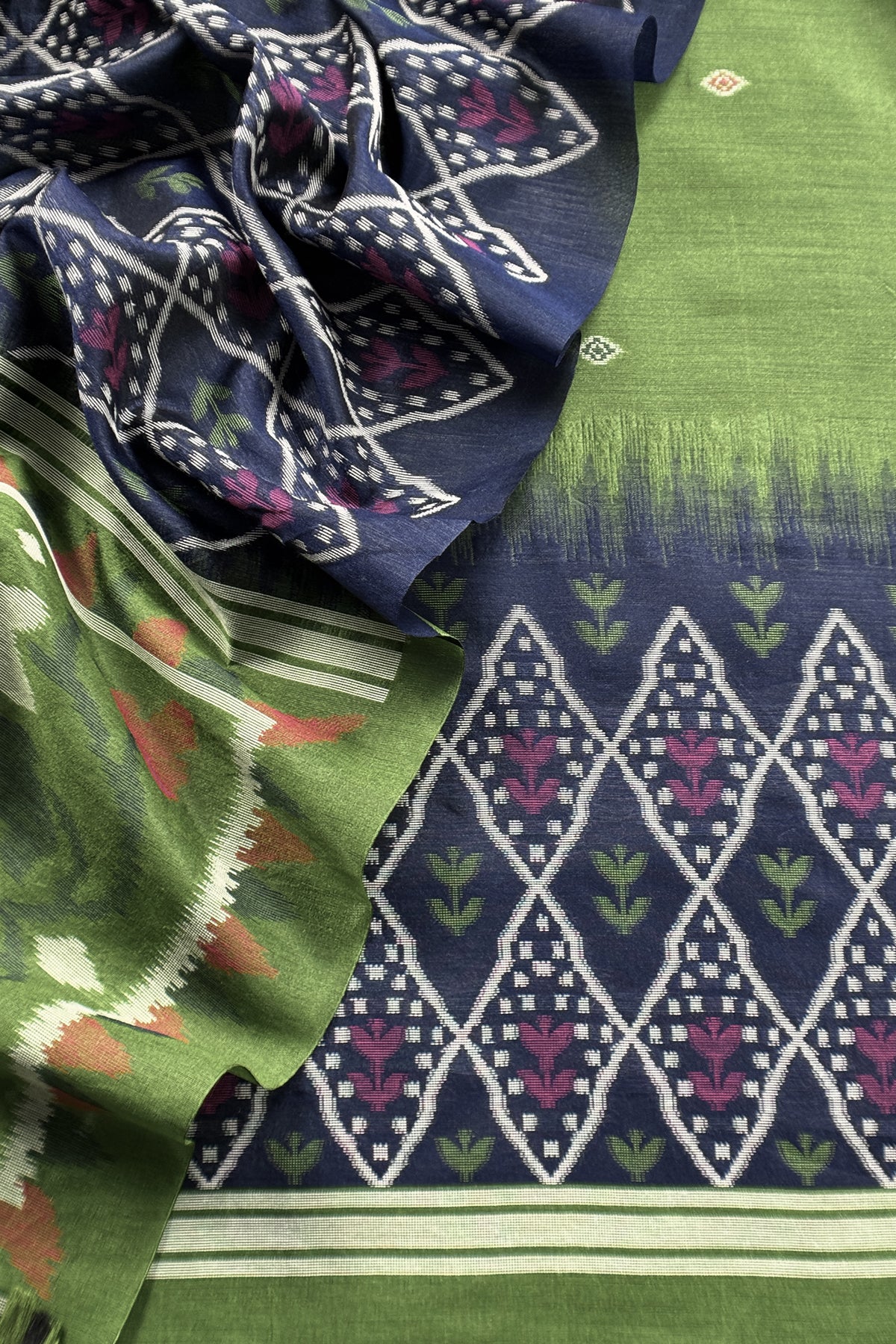 Green and Blue Linen Chanderi Suit With Jamdani Ekkat Weaving