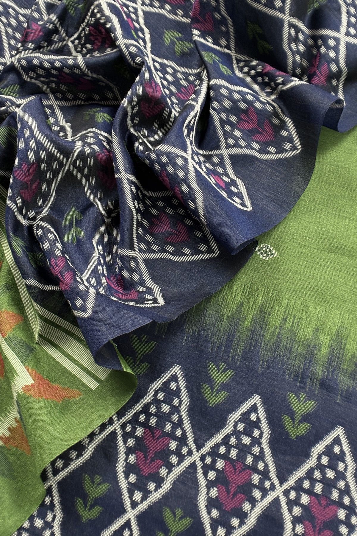 Green and Blue Linen Chanderi Suit With Jamdani Ekkat Weaving