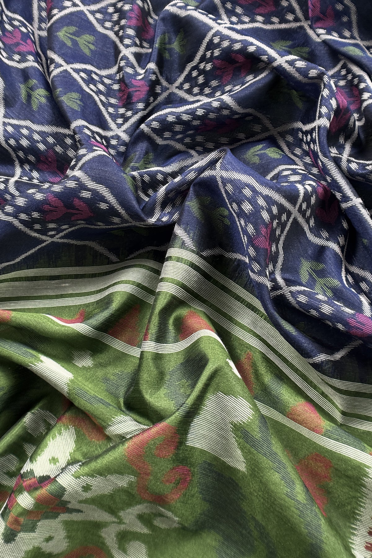Green and Blue Linen Chanderi Suit With Jamdani Ekkat Weaving