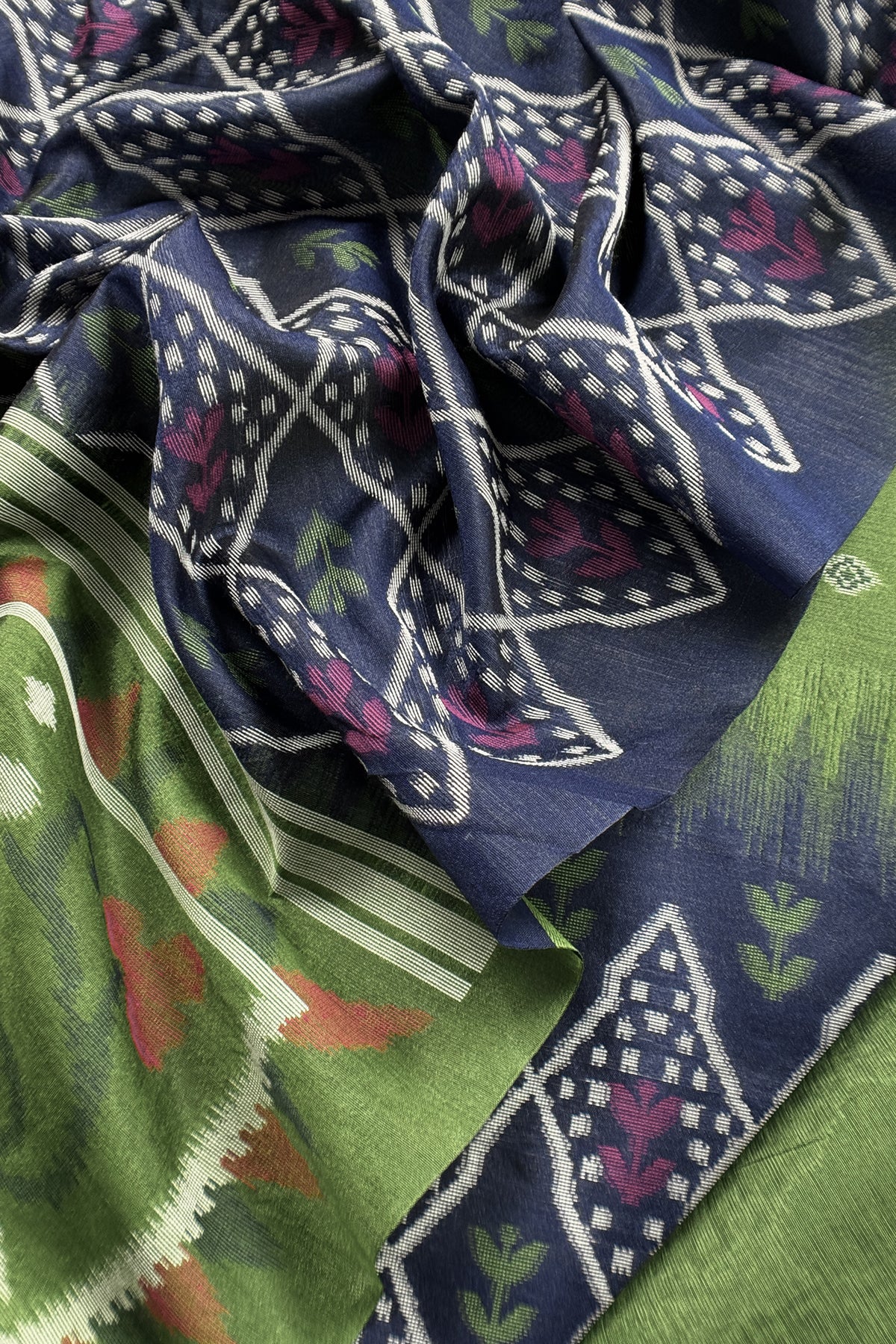 Green and Blue Linen Chanderi Suit With Jamdani Ekkat Weaving