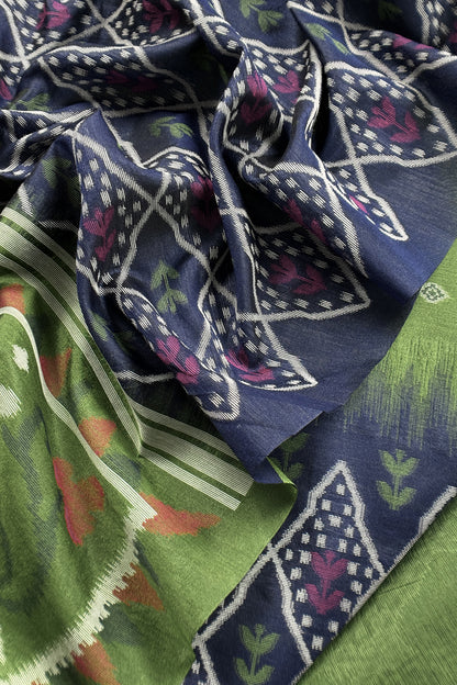 Green and Blue Linen Chanderi Suit With Jamdani Ekkat Weaving