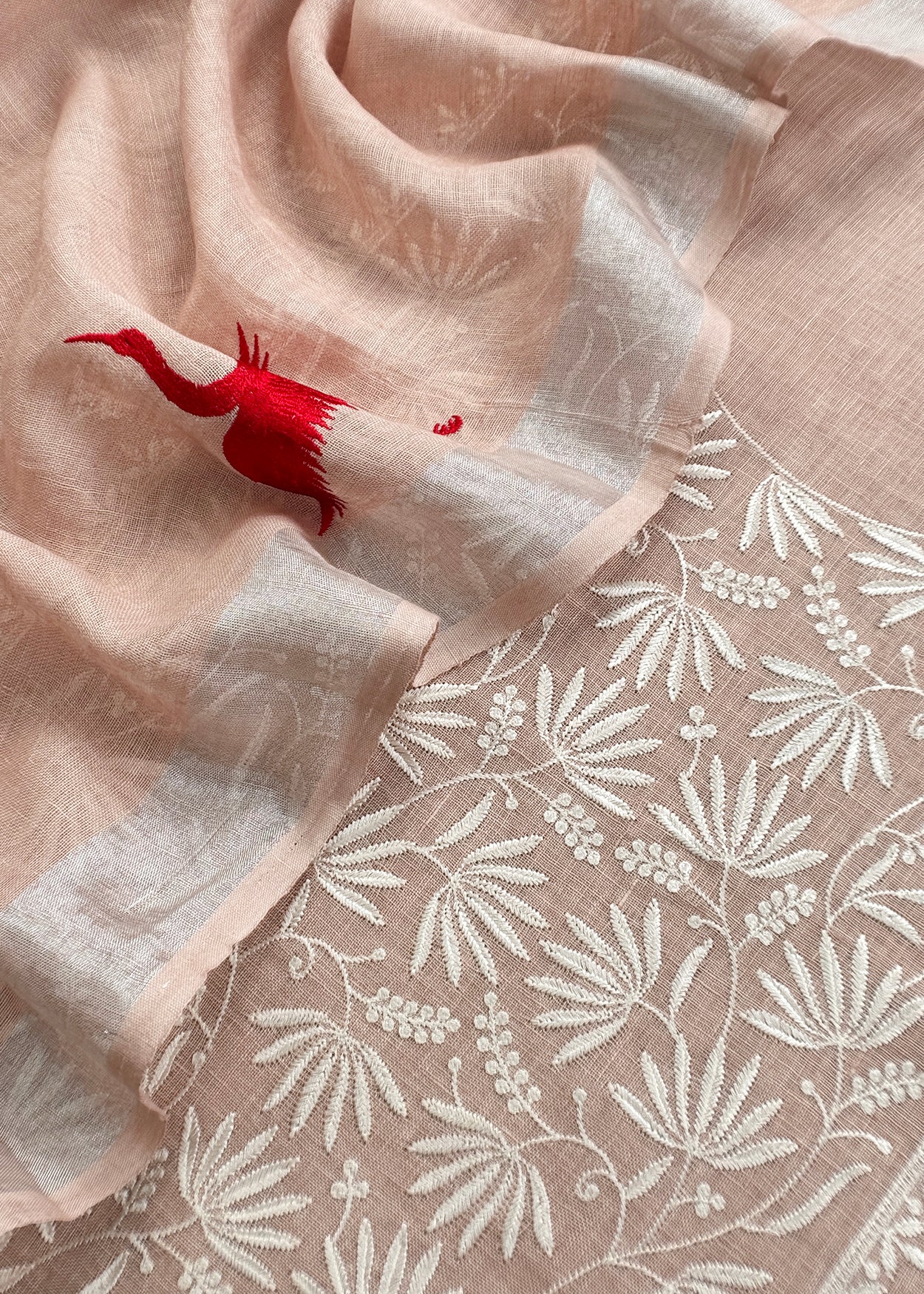 Light Peach Pure Unstitched Linen Suit With Dupatta