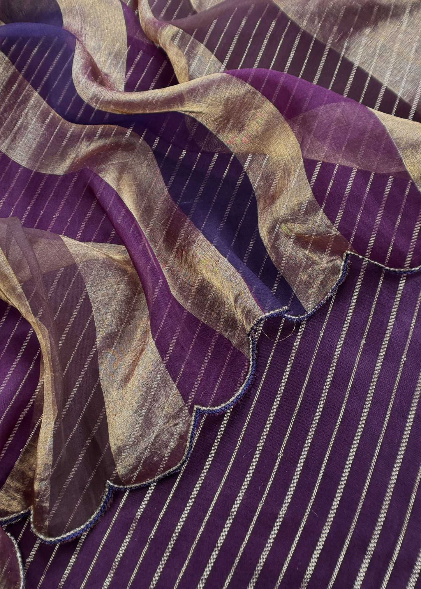 Peach Kantha Embroidered Unstitched Suit In Handloom Tussar Silk