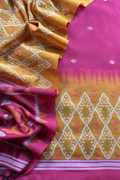 Pink and Yellow Linen Chanderi Suit With Jamdani Ekkat Weaving