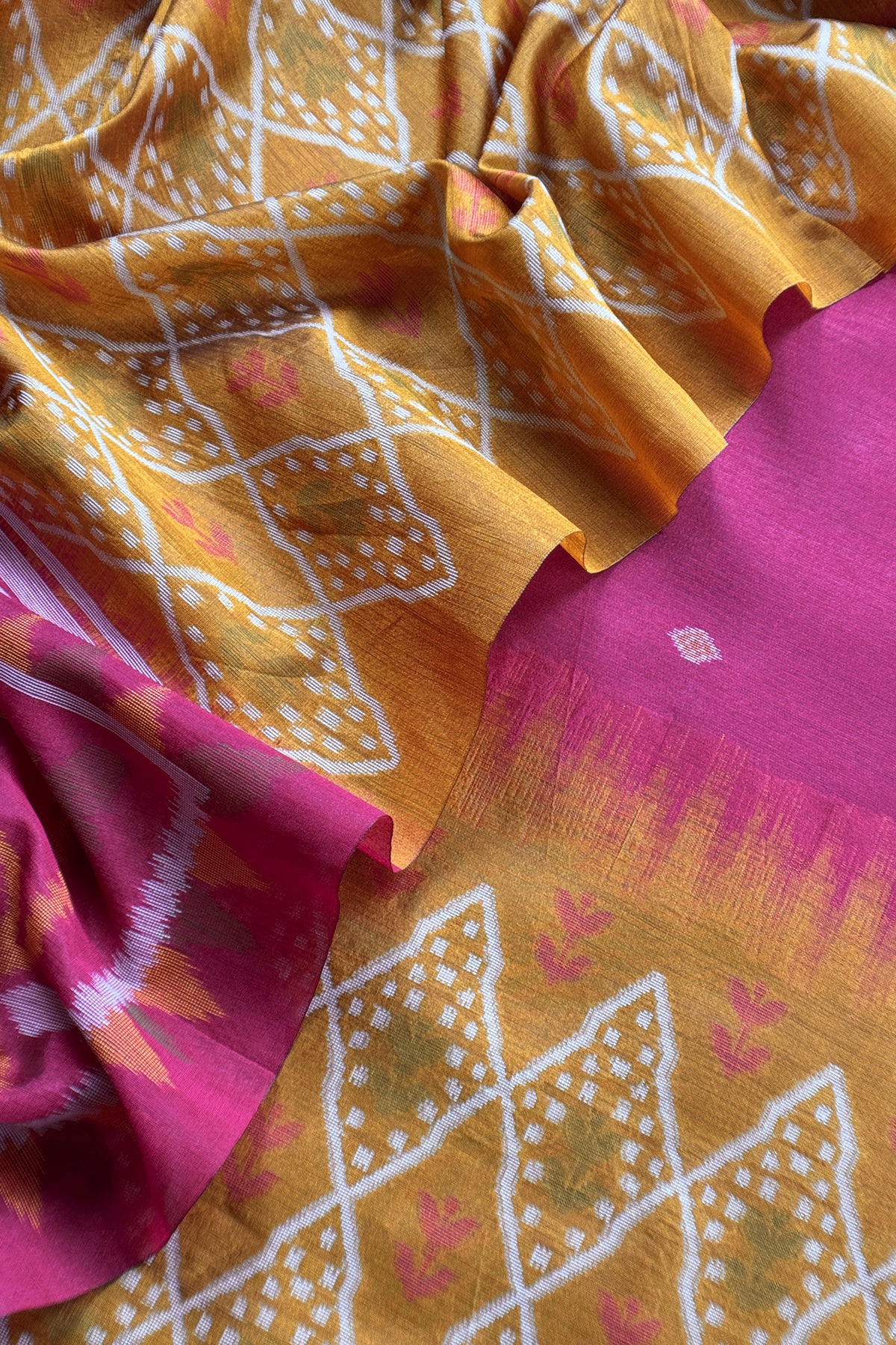 Pink and Yellow Linen Chanderi Suit With Jamdani Ekkat Weaving