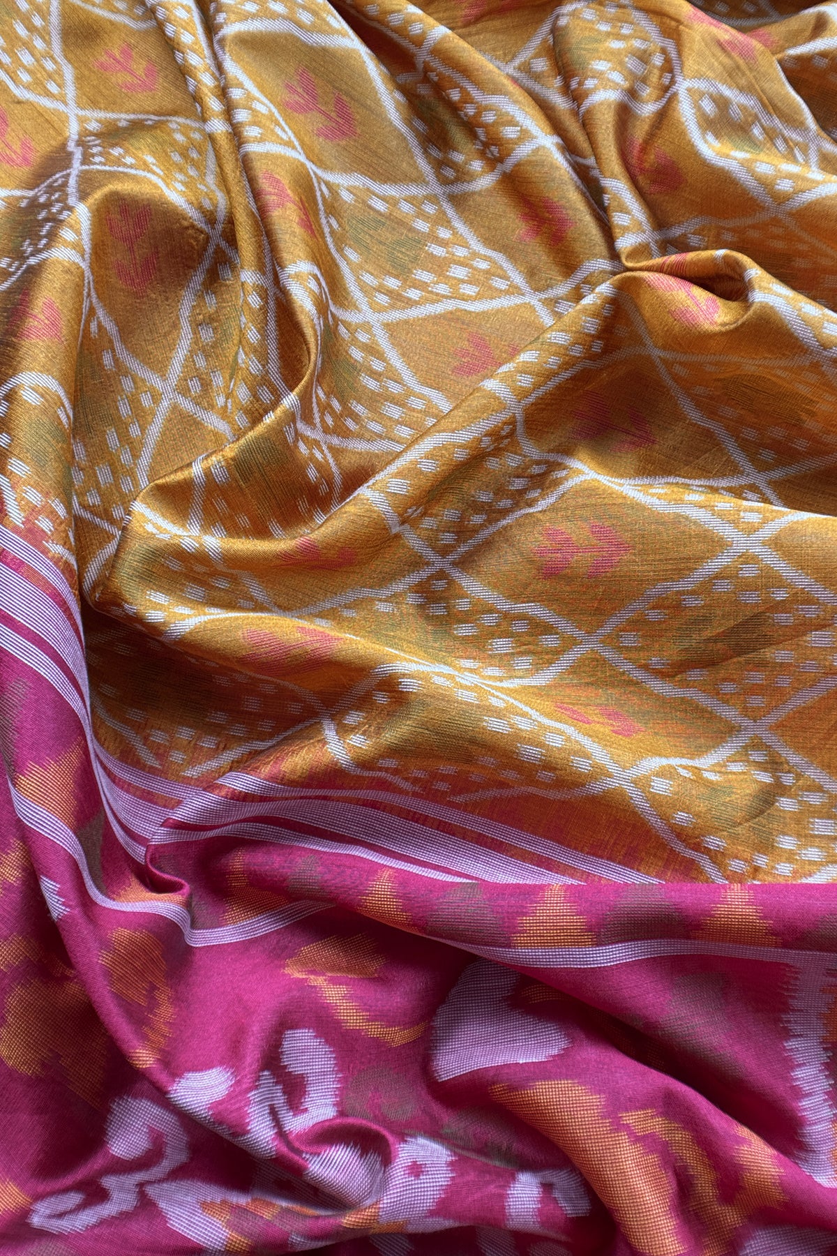 Pink and Yellow Linen Chanderi Suit With Jamdani Ekkat Weaving
