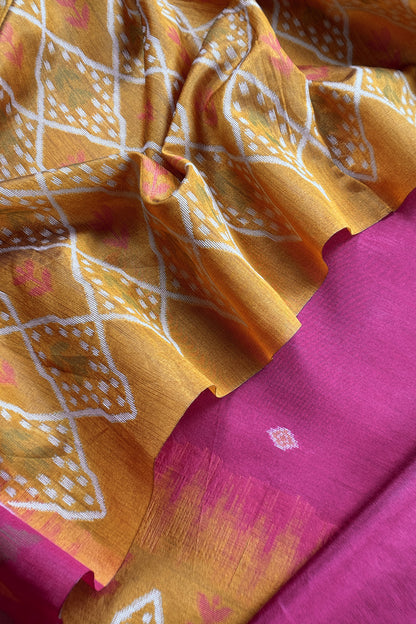 Pink and Yellow Linen Chanderi Suit With Jamdani Ekkat Weaving