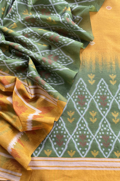 Yellow and Green Linen Chanderi Suit With Jamdani Ekkat Weaving