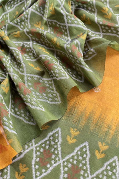 Yellow and Green Linen Chanderi Suit With Jamdani Ekkat Weaving