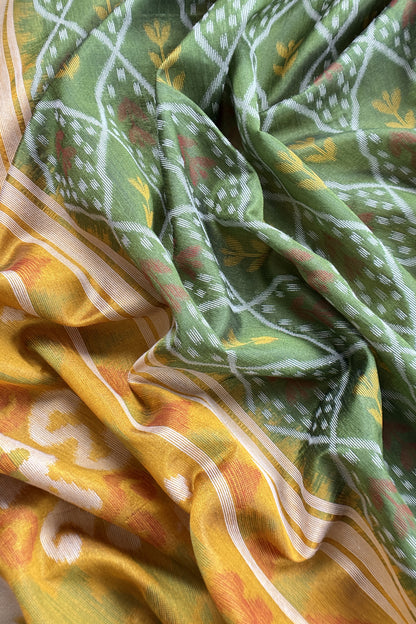 Yellow and Green Linen Chanderi Suit With Jamdani Ekkat Weaving