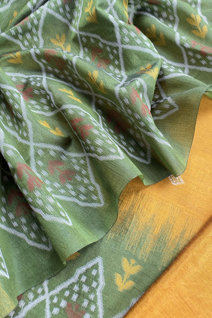 Yellow and Green Linen Chanderi Suit With Jamdani Ekkat Weaving