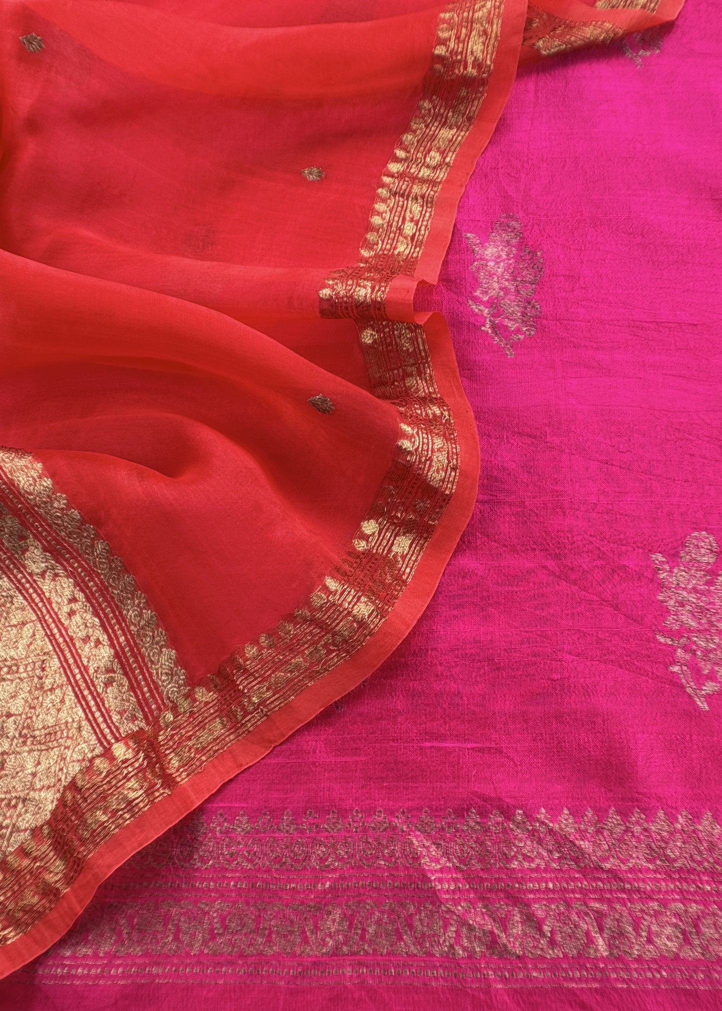 Pink And Red Handloom Raw Silk Suit With Kora Silk Dupatta