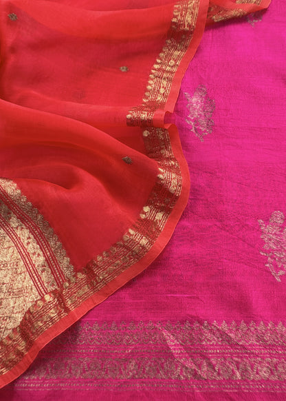 Pink And Red Handloom Raw Silk Suit With Kora Silk Dupatta
