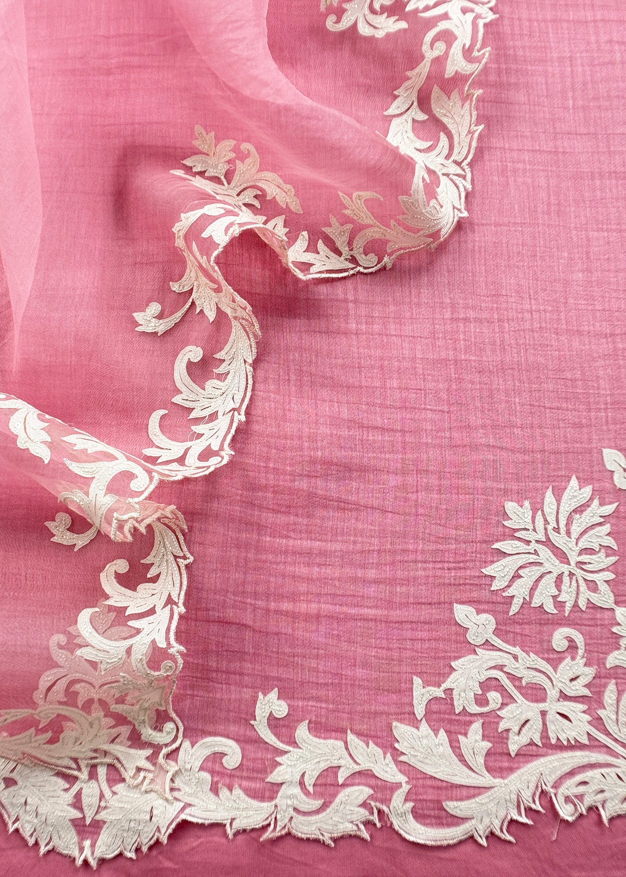 Baby Pink Handloom Mulmul Kurta And Kora Silk Dupatta With Applique Handwork