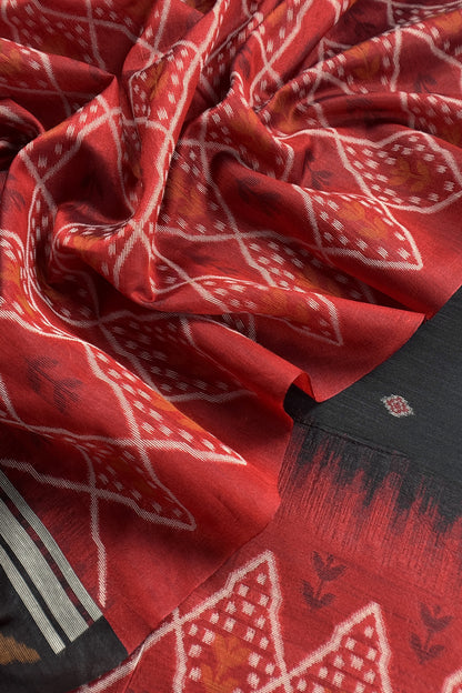 Black and Red Linen Chanderi Suit With Jamdani Ekkat Weaving