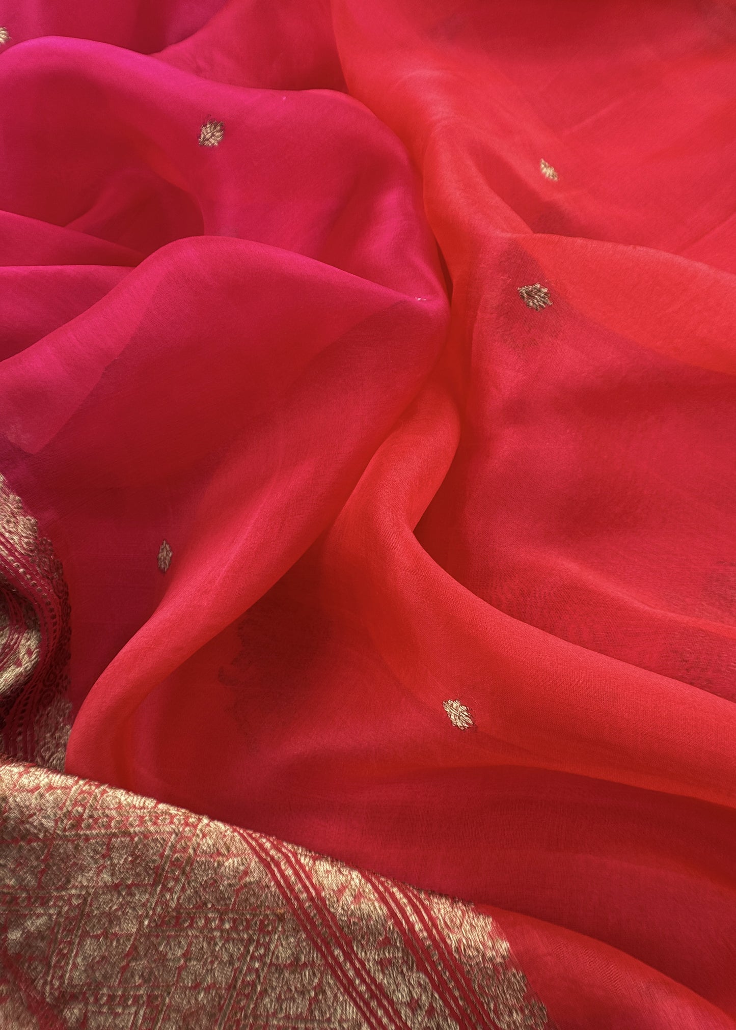 Pink And Red Handloom Raw Silk Suit With Kora Silk Dupatta