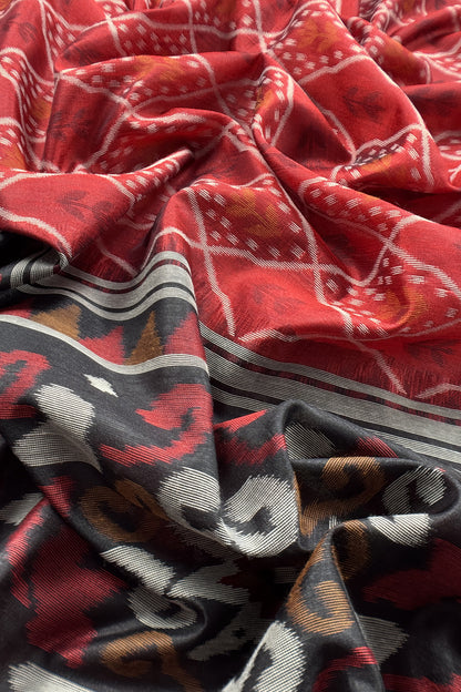 Black and Red Linen Chanderi Suit With Jamdani Ekkat Weaving