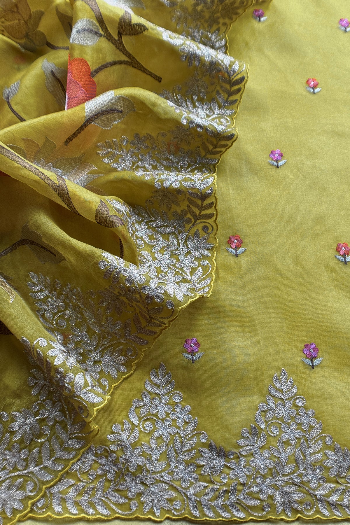 Lemon Yellow Handloom Kora Silk Suit With Thread Embroidery