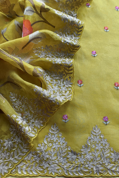 Lemon Yellow Handloom Kora Silk Suit With Thread Embroidery