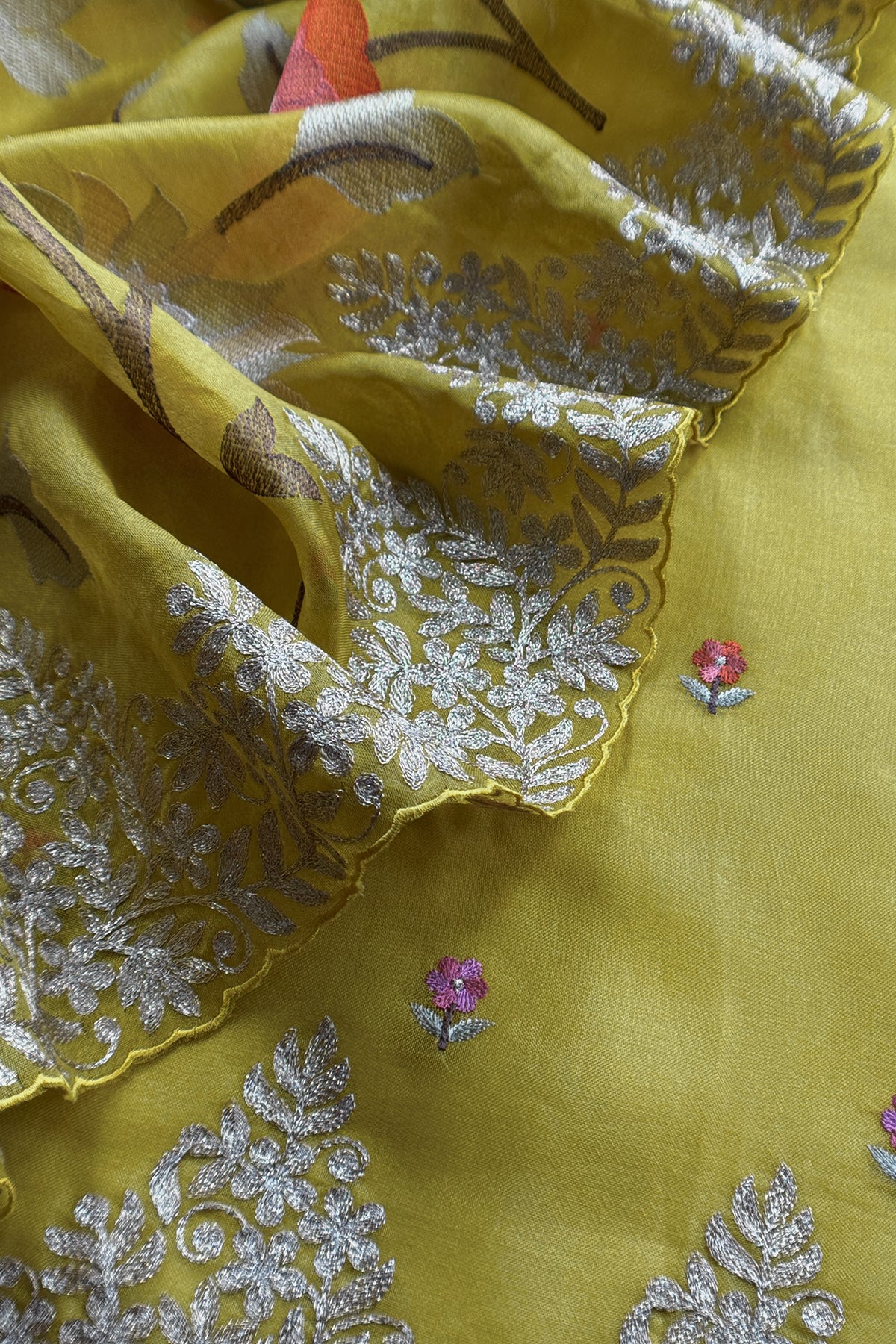 Lemon Yellow Handloom Kora Silk Suit With Thread Embroidery
