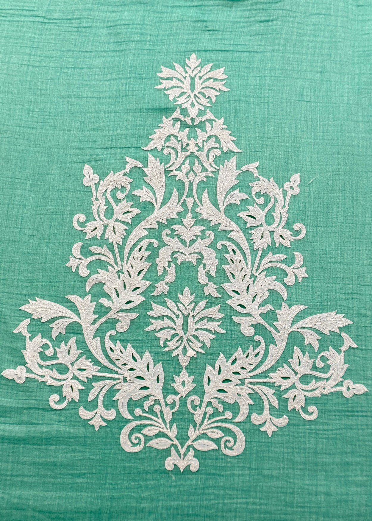 Turquoise Handloom Mulmul Kurta And Kora Silk Dupatta With Applique Handwork
