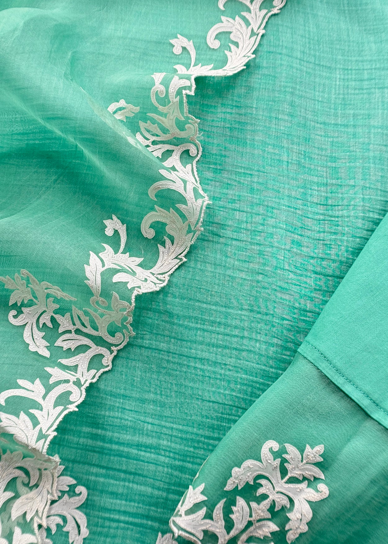 Turquoise Handloom Mulmul Kurta And Kora Silk Dupatta With Applique Handwork
