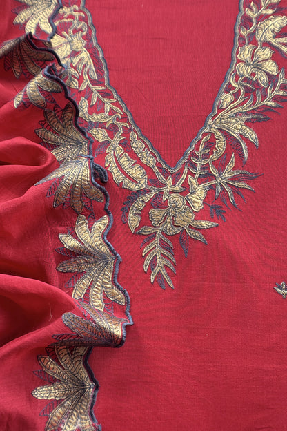 Red Handloom Mulmul Unstitched Suit Fabric With Hand Gota Work