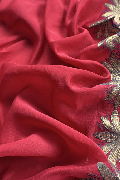 Red Handloom Mulmul Unstitched Suit Fabric With Hand Gota Work