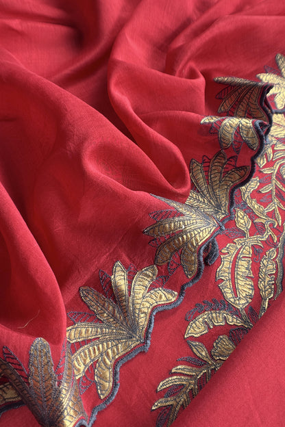 Red Handloom Mulmul Unstitched Suit Fabric With Hand Gota Work