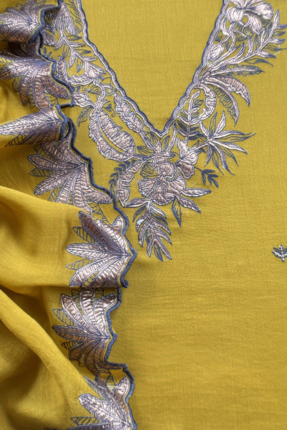 Lime Yellow Handloom Mulmul Unstitched Suit Fabric With Hand Gota Work