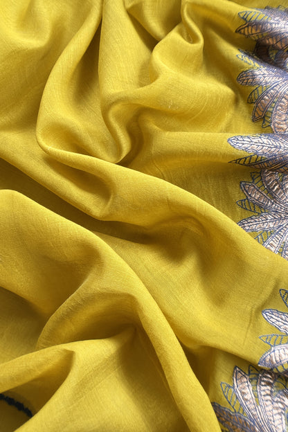 Lime Yellow Handloom Mulmul Unstitched Suit Fabric With Hand Gota Work