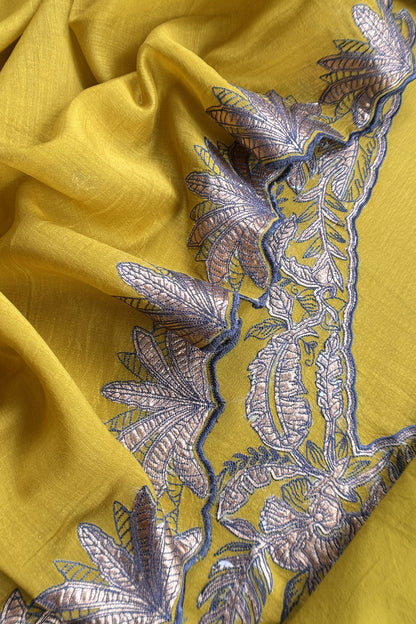 Lime Yellow Handloom Mulmul Unstitched Suit Fabric With Hand Gota Work