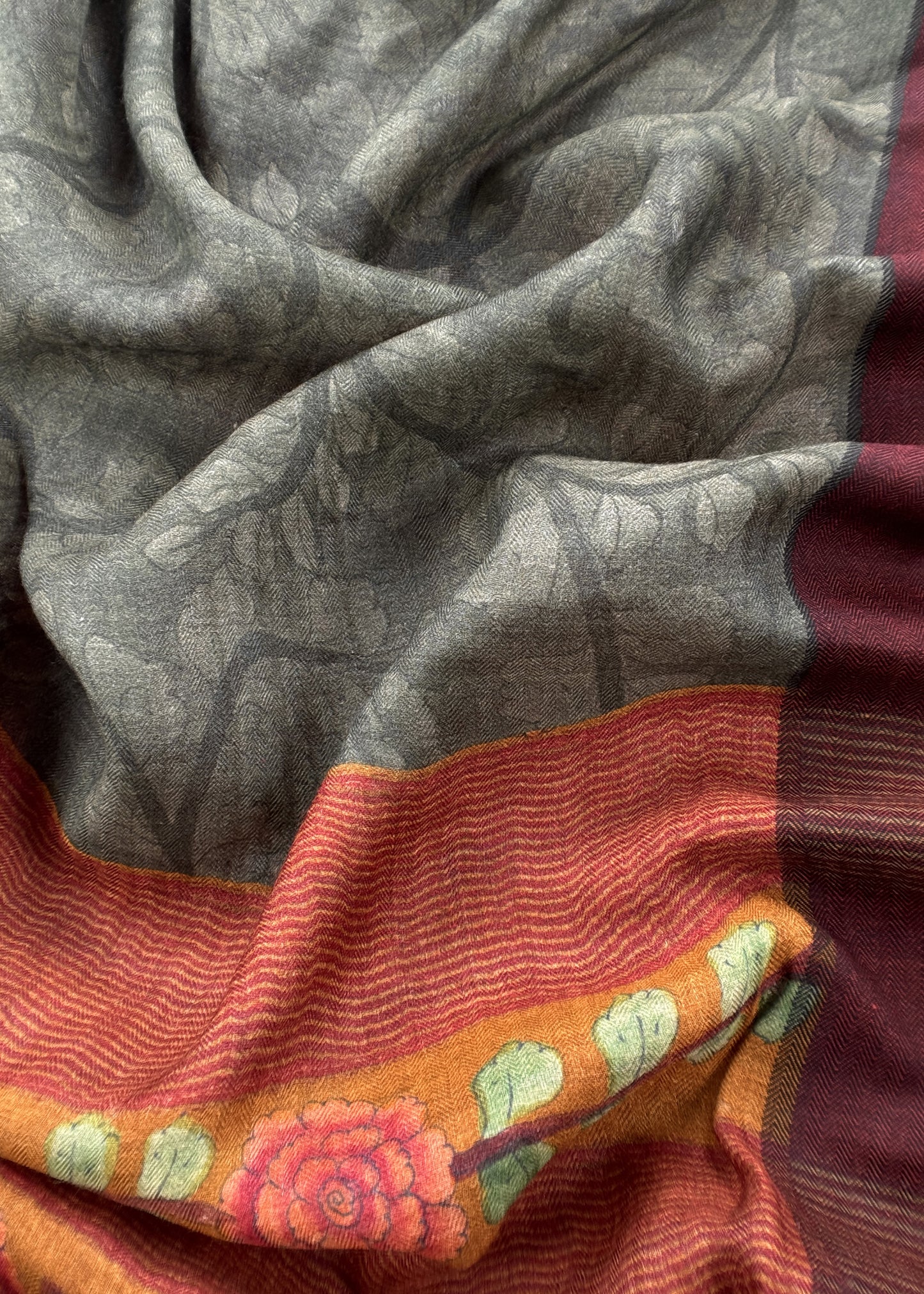 Maroon Pashmina Unstitched Suits With Kalamkari Dupatta