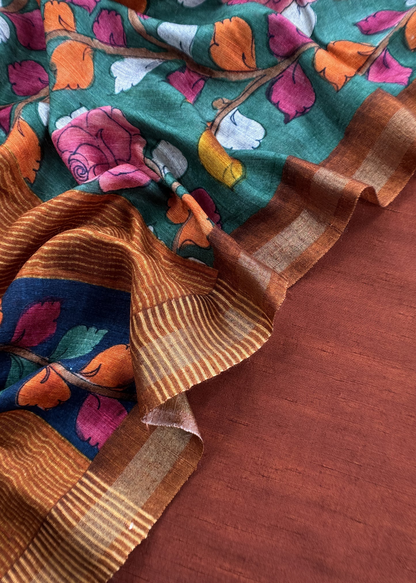 Rust Raw Silk Unstitched Suits With Kalamkari Dupatta