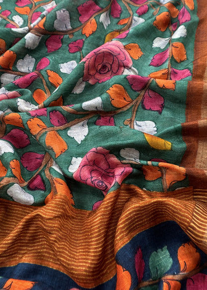 Rust Raw Silk Unstitched Suits With Kalamkari Dupatta