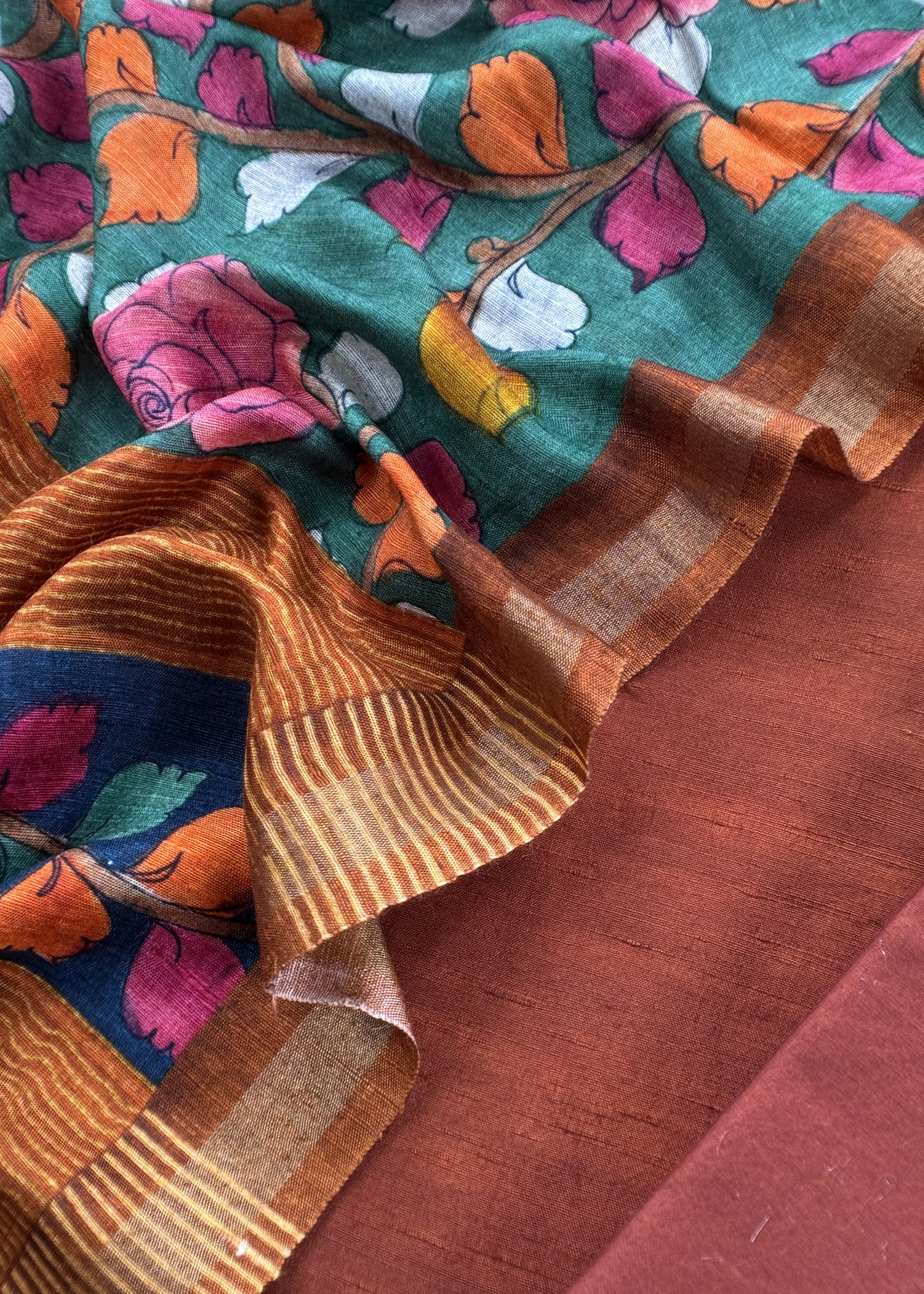 Rust Raw Silk Unstitched Suits With Kalamkari Dupatta