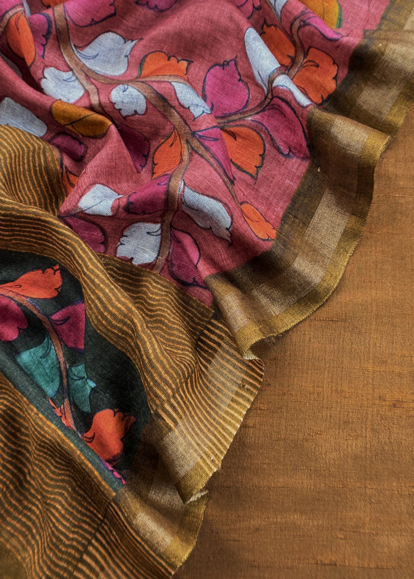 Russet Raw Silk Unstitched Suits With Kalamkari Dupatta
