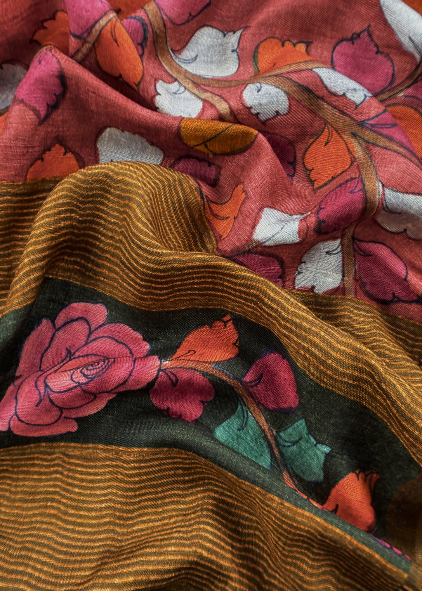 Russet Raw Silk Unstitched Suits With Kalamkari Dupatta