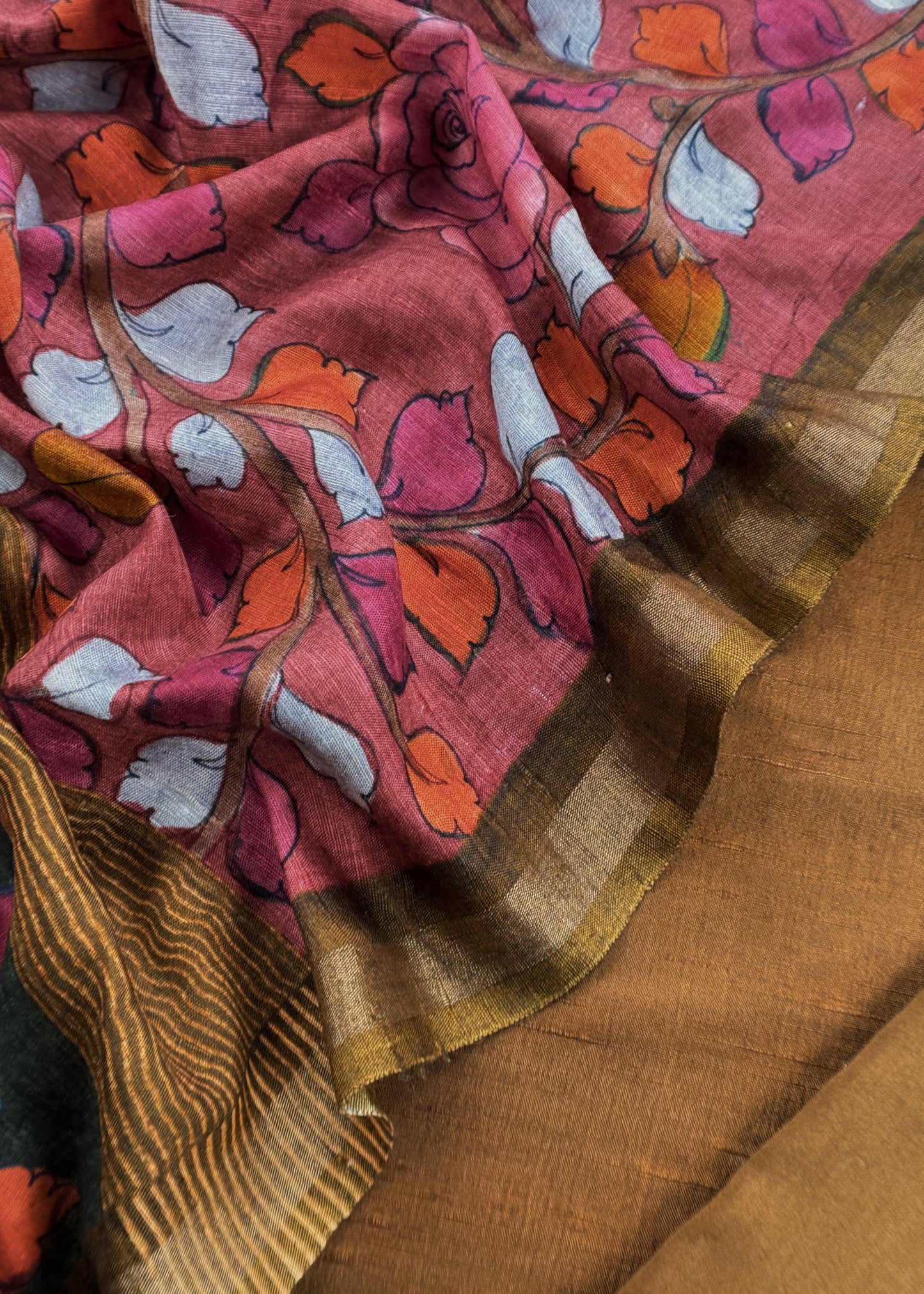 Russet Raw Silk Unstitched Suits With Kalamkari Dupatta