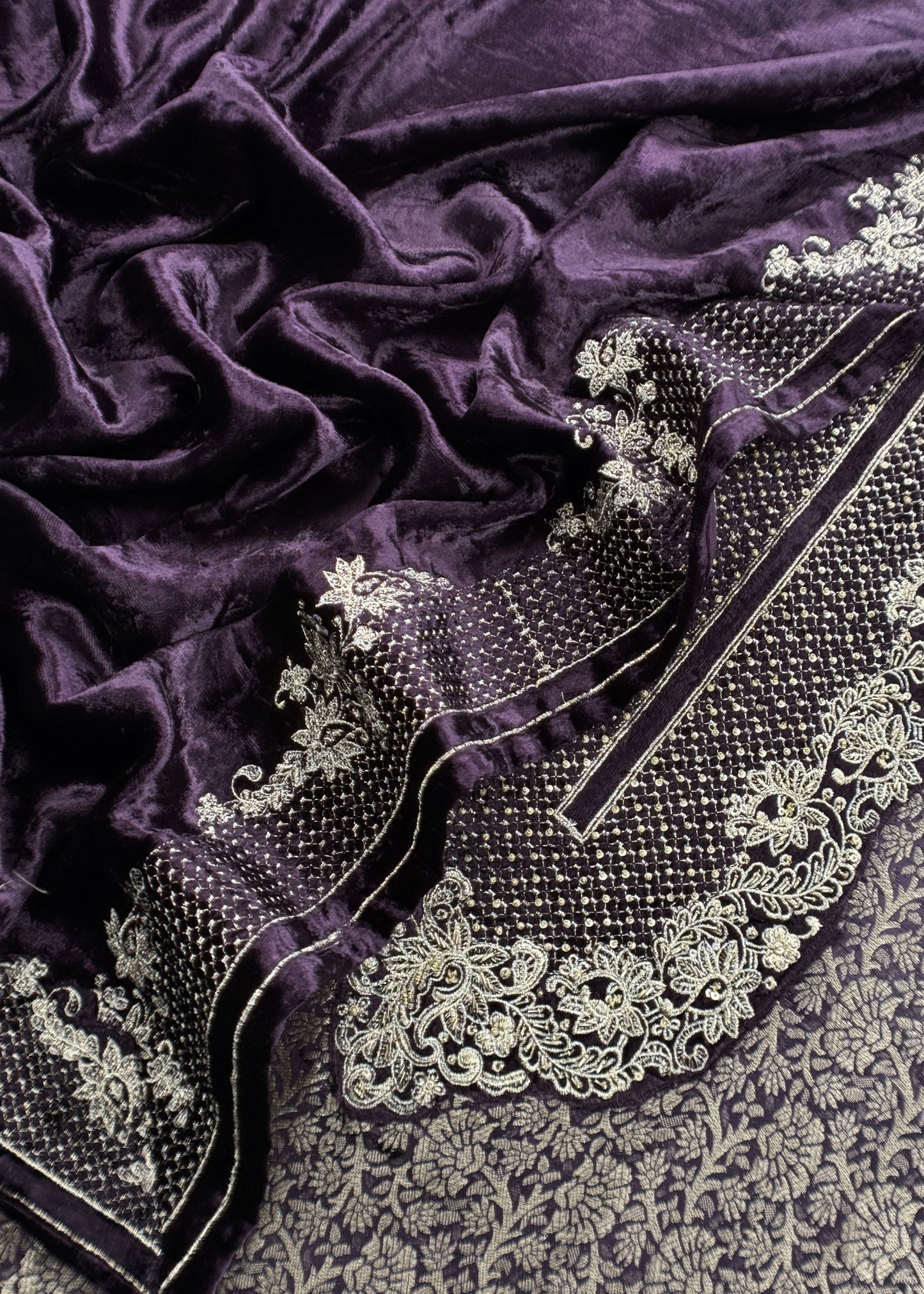 Affair Purple Brocade Silk Suit With Velvet Dupatta