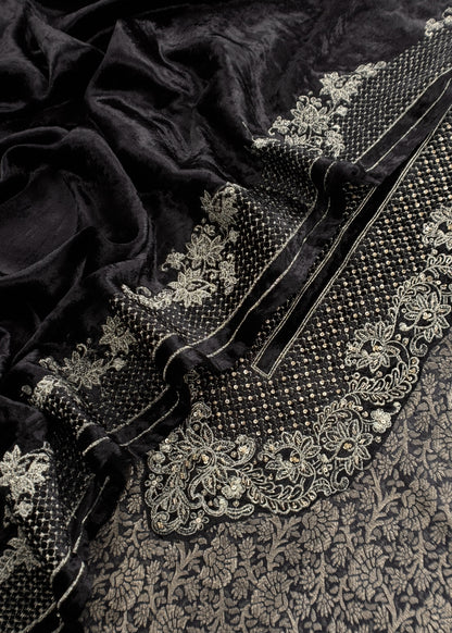 Black Brocade Silk Suit With Velvet Dupatta