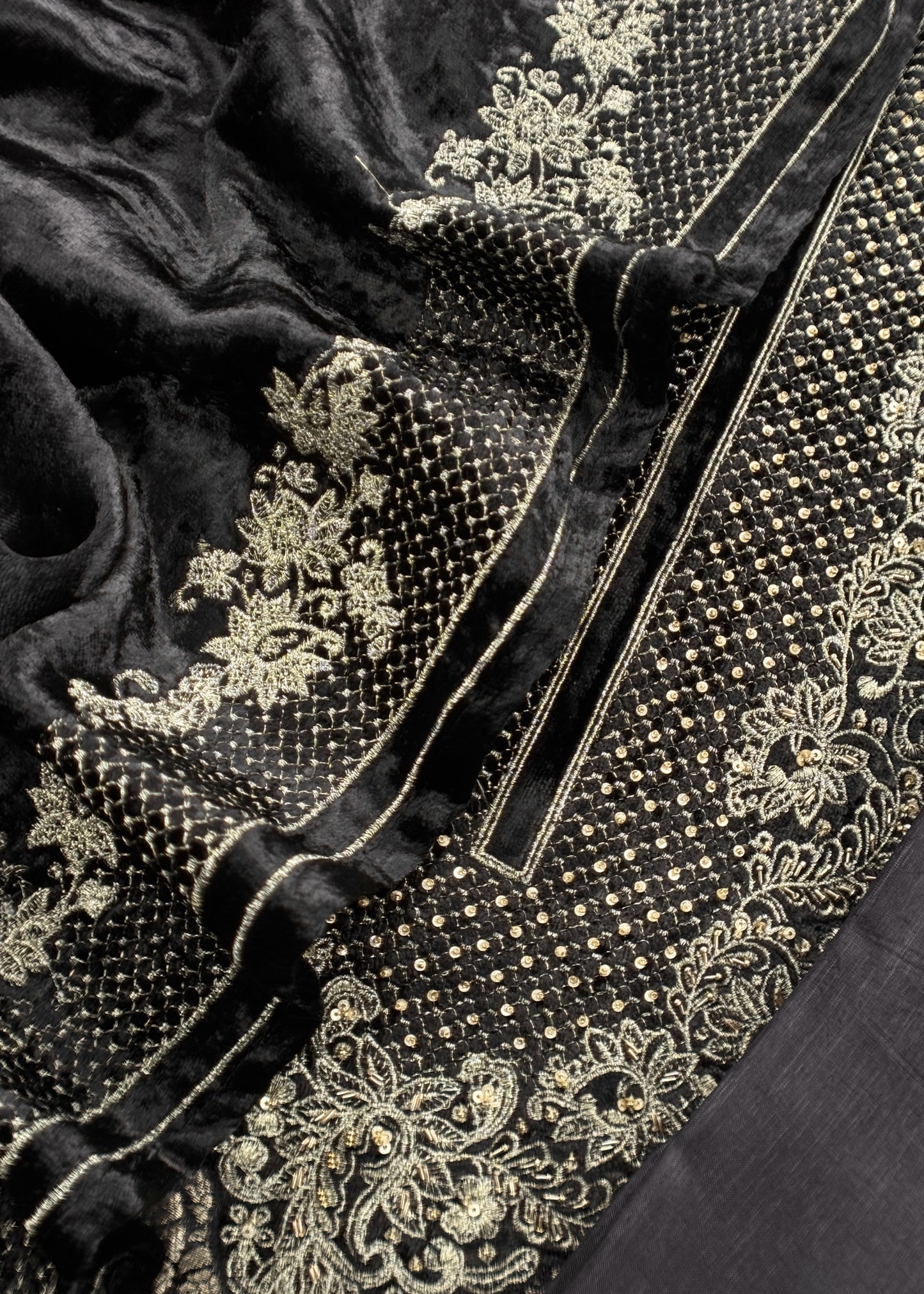 Black Brocade Silk Suit With Velvet Dupatta