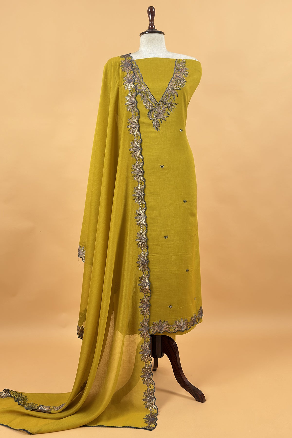 Lime Yellow Handloom Mulmul Unstitched Suit Fabric With Hand Gota Work