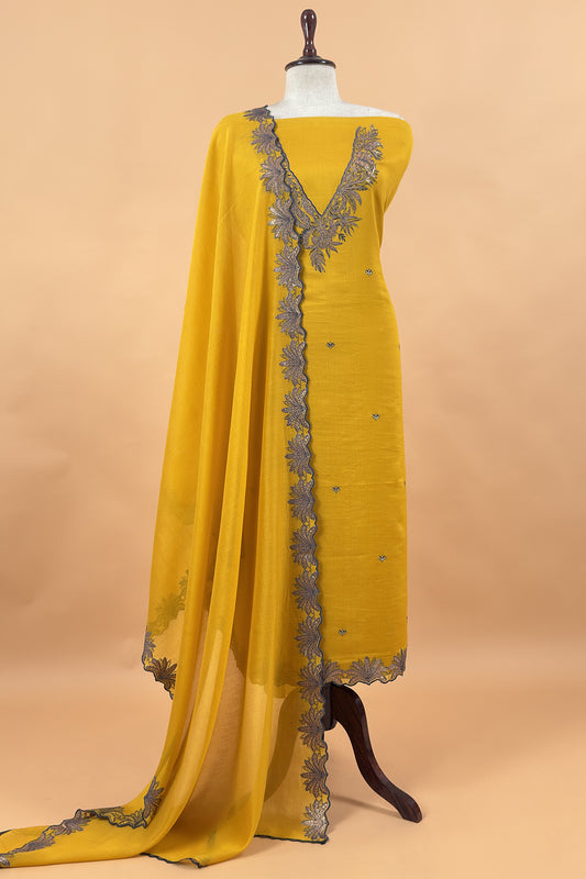 Yellow Handloom Mulmul Unstitched Suit Fabric With Hand Gota Work