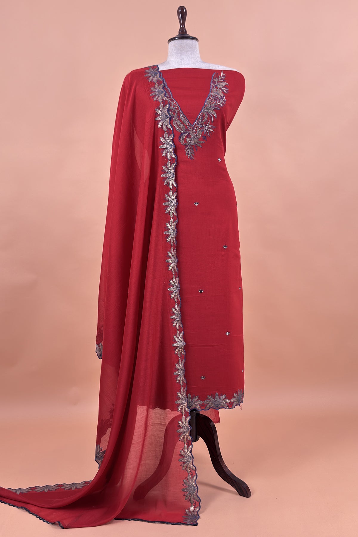 Red Handloom Mulmul Unstitched Suit Fabric With Hand Gota Work