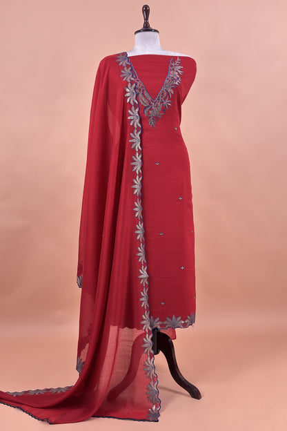 Red Handloom Mulmul Unstitched Suit Fabric With Hand Gota Work