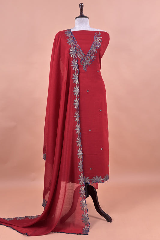 Red Handloom Mulmul Unstitched Suit Fabric With Hand Gota Work